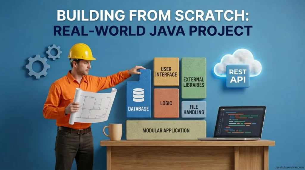 Java live project workflow showing modules, logic flow, and application structure