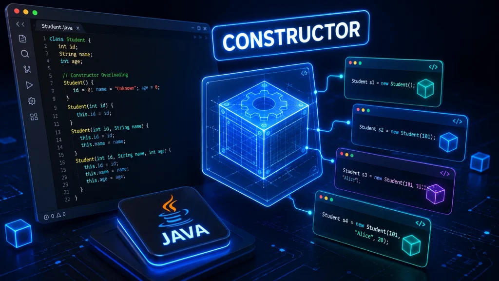 A technical illustration explaining constructors and constructor overloading in Java programming.