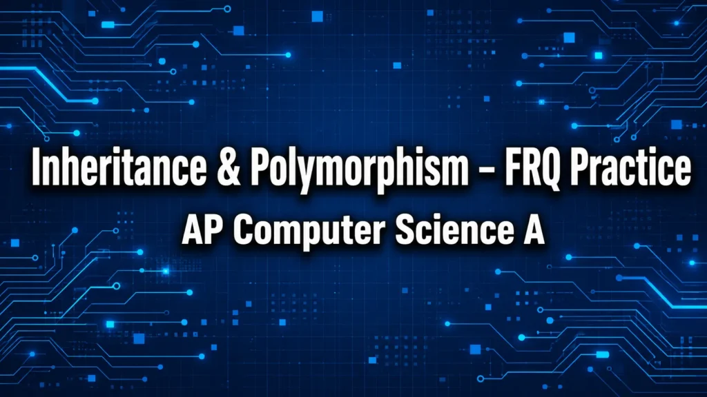 AP Computer Science A Inheritance and Polymorphism FRQ Practice banner with Java solutions